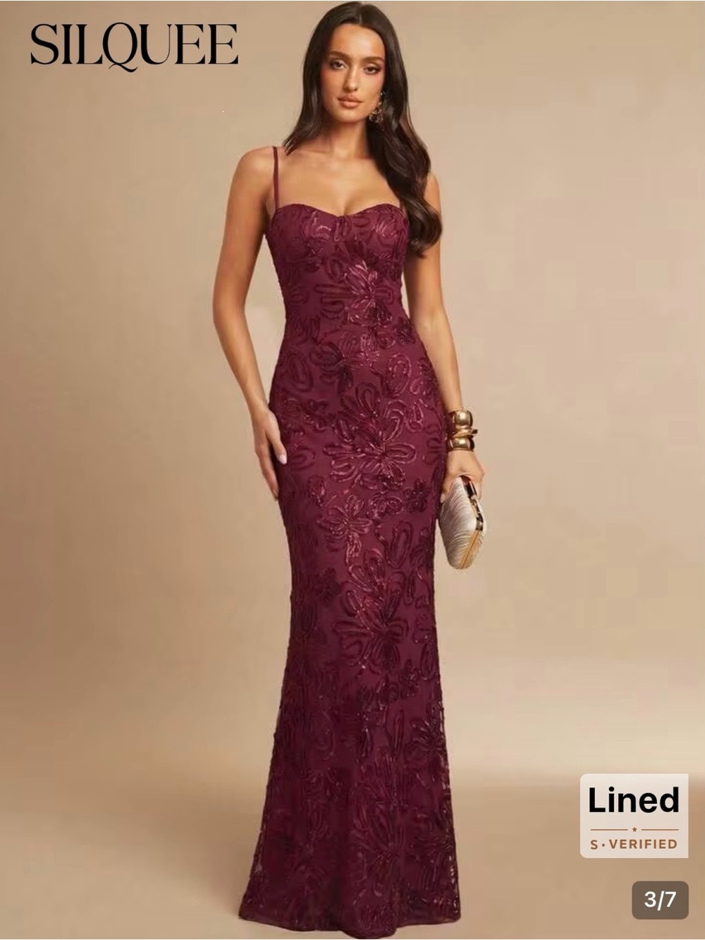 SILQUEE Bodycon Camisole Burgundy Wine 3D Ribbon Embroidered Evening Gown Dress